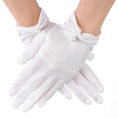 HaiFafafaing White Gloves Women Formal Short White Satin Tea Party Gloves With Pearl For Opera Uniform Tuxedo Dress Special Occasion Fashion Accessories