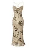 SOLY HUX Women's Floral Mesh Bodycon Cami Dress Cowl Neck Sleeveless Cocktail Party Wedding Guest Long Maxi Dresses Apricot Floral Small