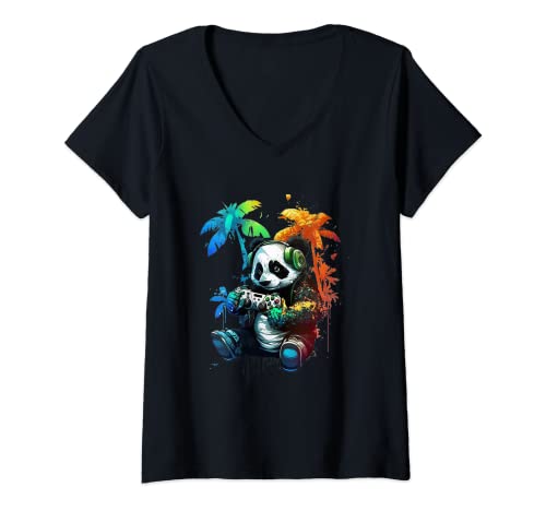 Mujer Panda Music DJ Controller Zocken Gaming Panda Camiseta Cuello V