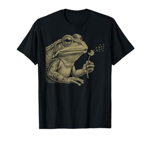 Blowing Wishes Funny Frog Blowing Dandelion Vintage Art T-Shirt