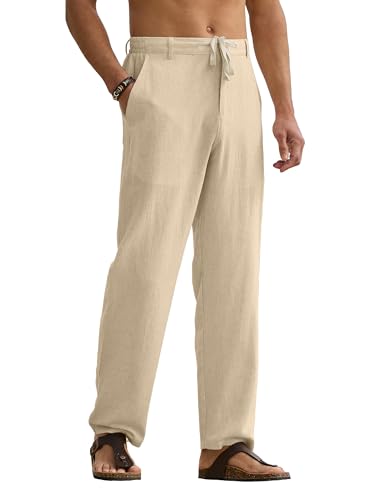 HOTake Herren-Leinenhose, lässig, Strand, Sommer, Urlaub, Leinenkleid, Hose, lockere Passform, Khaki, Groß