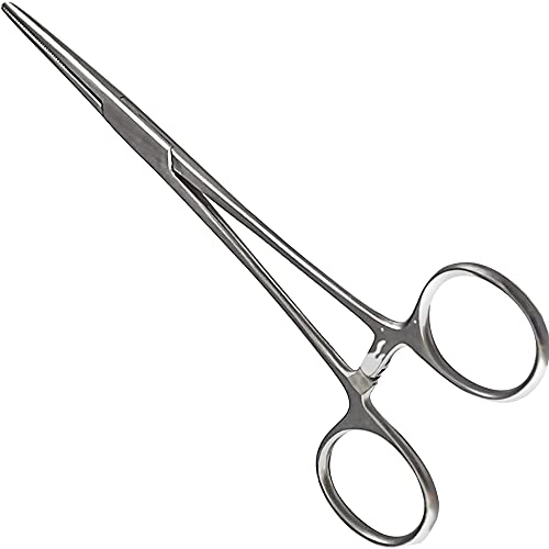 Precision Kelly Hemostat Forceps Locking Tweezers Clamp, Silver, Straight and Curved Stainless Steel (Straight, 7.25)