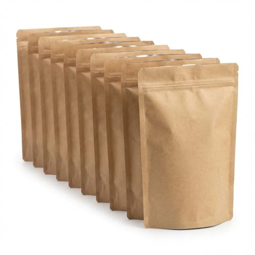 Pack de 10 Envases Doypack Kraft 16×27×8 cm (750 ml) – Bolsas Stand Up con Aluminio Interno, Cierre Zip Hermético, Grado Alimentario, Reutilizables, Termosellables, Café, Especias, Té, Snacks