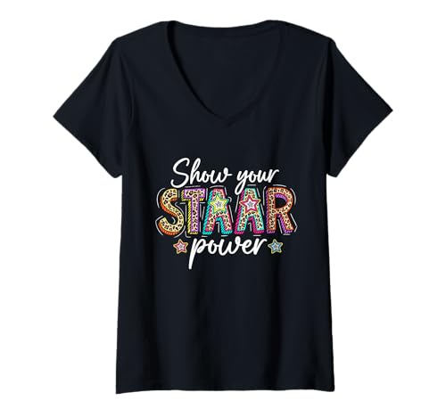 Women's Show Your STAAR Power Leopard Teacher Funny Testing Day V-Neck T-Shirt