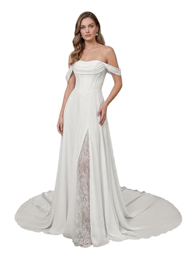 Breydcc Off the Shoulder Wedding Dresses for Bride Lace Chiffon Wedding Dresses with Slit Strapless Wedding Gown with Train US0 Ivory