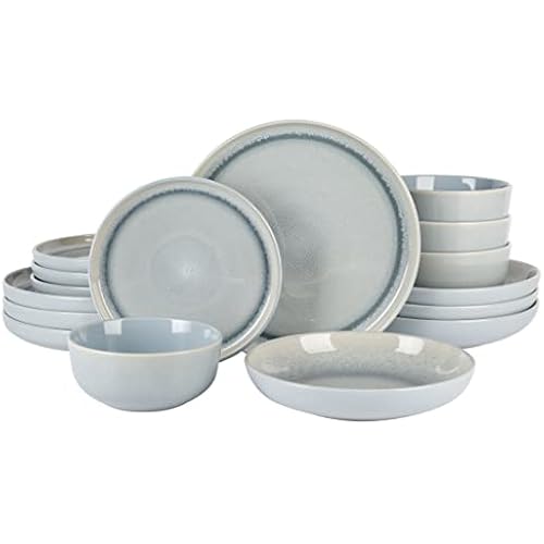Gibson Elite Juno Moon 16-Piece Reactive Blue Double Bowl Dinnerware Set – Durable Stoneware Plates and Bowls