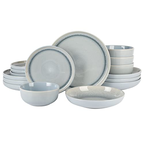 Image of Gibson Elite Juno Moon 16-Piece Reactive Blue Double Bowl Dinnerware Set - Durable Stoneware Plates and Bowls
