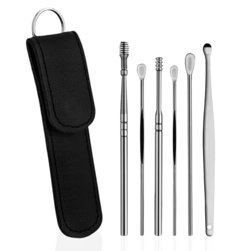 PARENCE.- Set de limpieza de oídos de 6 piezas con estuche - Herramienta de cerumen resistente a la oxidación, reutilizable y segura - Tapones metálicos para los oídos con cepillo