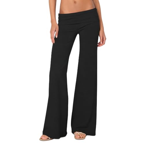 FOMOYUU Lounge Yoga Pants for Women Fold Over Low Waist Wide Leg Sweatpants Flare Leggings Bell Bottoms Y2K Foldover Pants (Black, S)