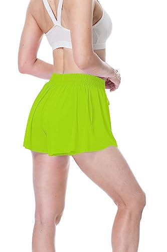 Flowy Shorts, 2 In 1 Butterfly Shorts High Waisted Athletic Shorts For Women Workout Biker Running Yoga Gym Tennis. Fluorescent Green #TOP1