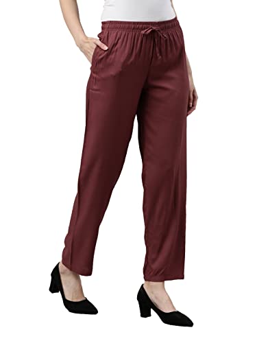 Image of GO COLORS Women Solid Mid Rise Relaxed Fit Viscose Casual Pants