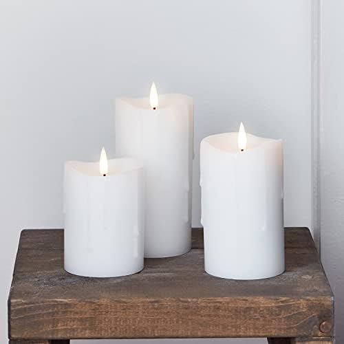 Lights4fun Set of 3 TruGlow® Dripping White Wax Battery Operated LED Flameless Pillar Candles with Timer