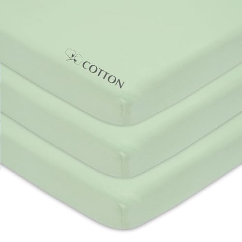 Image of American Baby Company 3 Pack 100% Natural Cotton Fitted Mini Crib Sheets 38" x 24" - Soft & Breathable Small Nesting Portable Sheets, Fits Pack N Play Mattresses, Celery, for Boys & Girls