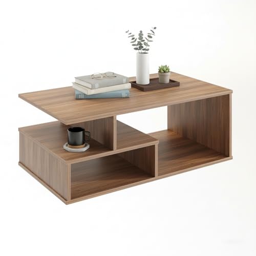 Image of FURNEASER Witely Coffee Table Modern Centre Table with Storage Shelves, Teapoy, Centerpiece Tea & Coffee Table for Living Room, Engineered Wood, Matte Finish, Exotic Teak, 90x45x36 cm