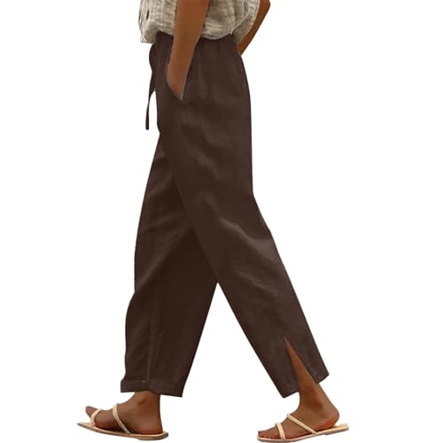 Linen Pants for Women 2026 High Waist Casual Pants Drawstring Straight Leg Vacation Comfy Lounge Pocket Linen Trousers Brown