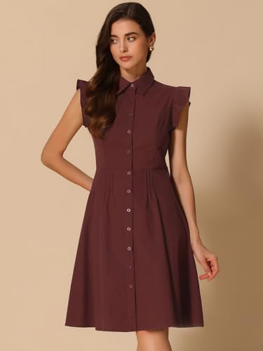 Image of Allegra K Women's Ruffled Sleeve Casual Office Dress Tie Waist Button Down Cotton Shirt Dresses