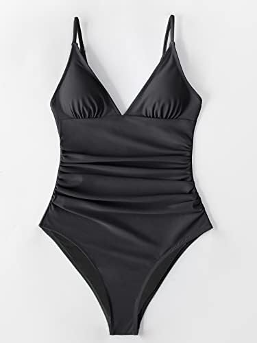 CUPSHE Women's One Piece Swimsuit Tummy Control V Neck Bathing Suits, Black, Large - 4