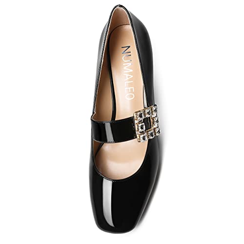 NUMALEO Womens Bungee Rhinestone Dating Solid Patent Square Toe Ankle Strap Cute Wedge Low Heel Pumps Shoes 2 Inch3