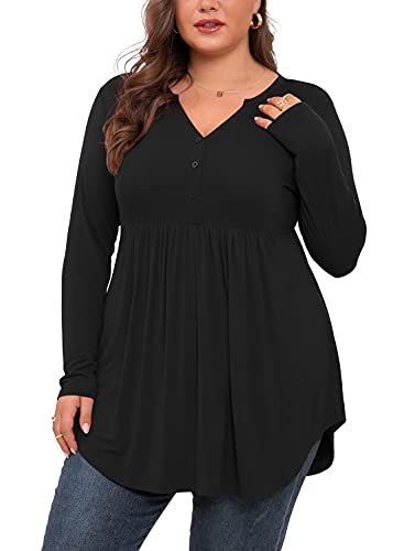SHIJIALI Women's Plus Size Henley Shirts V Neck Button Tunic Tops Casual Long Sleeve Swing Flowy Blouse