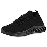 VAN HILL Damen Sportschuhe Laufschuhe Sportliche Strick Schnürschuhe Flache Turnschuhe Freizeit Schuhe Schnürer Stoffschuhe 206115 Schwarz 37