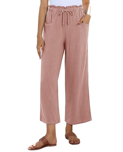 Image of siliteelon Wide Leg Linen Pants for Women Summer Capri Palazzo Flowy Pants Casual Loose High Waist Trousers with Pockets