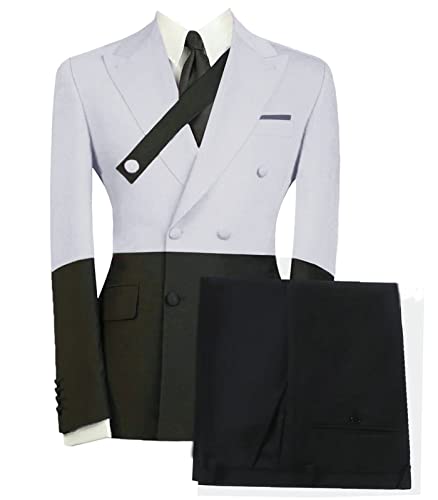 Men's Black White Contrast Suit 2 Pieces Double Breasted Blazer Trousers Wedding Prom Suit Set
