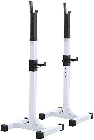 BTGGG Adjustable Heavy Duty Squat Rack Stand Pair of Power Weight Bench Support for Barbell Free-Weight Racks, White and Black