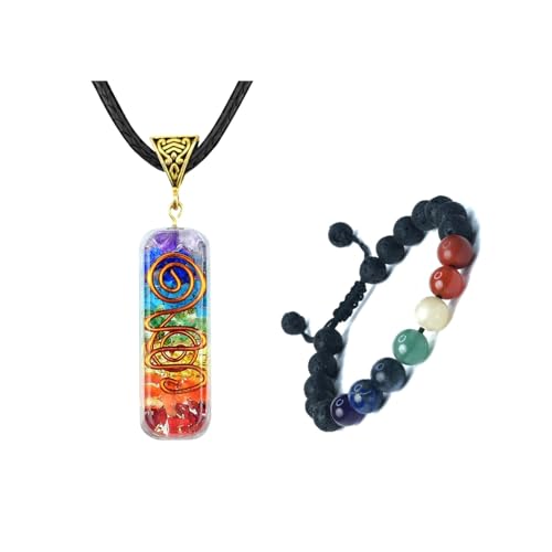 HEALING ZONE 7 Chakra Bracelet and Necklace Set – Orgone Healing Pendant with Adjustable Cord – Handmade Crystal Jewelry for Men & Women – Reiki, Yoga, Meditation, Spiritual Gift