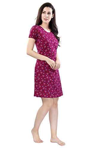 Image of DZZO Women's Cotton Pink and Blue Heart Print Knee Length Nightdress