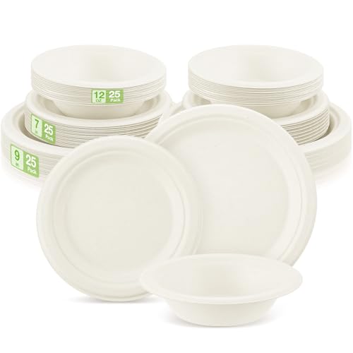 Havawish 75 Pcs Compostable Paper Plates and Bowls Set 7 Inch 9 Inch 12oz