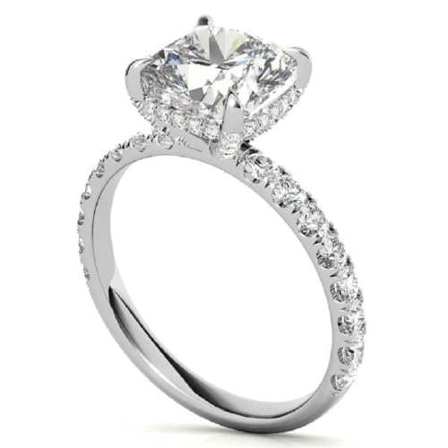 2CT-4CT Cushion Cut Moissanite Handmade Anniversary Ring for Women Hidden Halo Solitaire Pave Engagement Ring, Gifts for Her2
