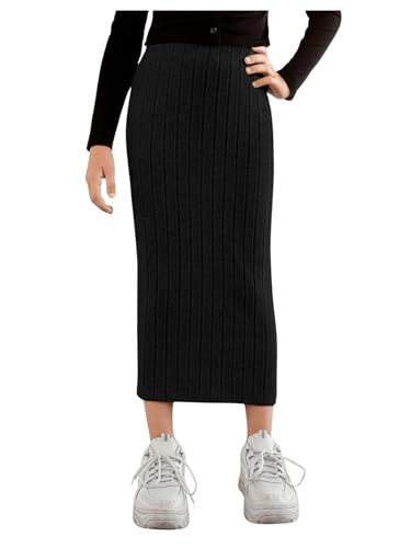 Milumia Girl's High Waist Rib Knit Long Skirt Solid Casual