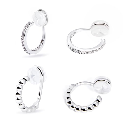 Clip on Hoop Earrings for Women, 14K Real Gold Plated Non Pierced Small Hoop Cubic Zirconia, Fake Piercing Mini Beaded Hoop Earrings Set 2 Pairs