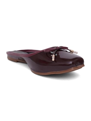 Image of TRYME Elegant Women's Glossy Patent Slip-On Mules with Bow Detail | Comfortable Flat Sandals for Office, Casual & Daily Wear