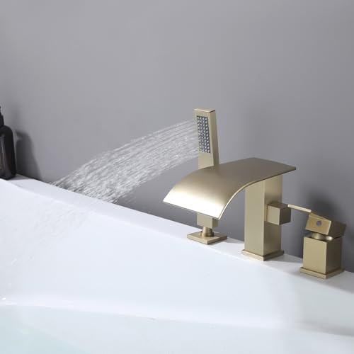 Grifería para bañera romana con ducha de mano, montaje en cubierta, acabado en oro cepillado | Desagüe de 3 orificios con efecto cascada miniatura 4