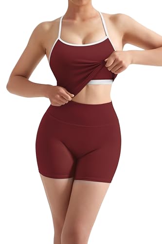 Image of SUUKSESS Women 2 Piece Workout Sets High Waisted Tummy Control Biker Shorts Halter Padded Tank Tops
