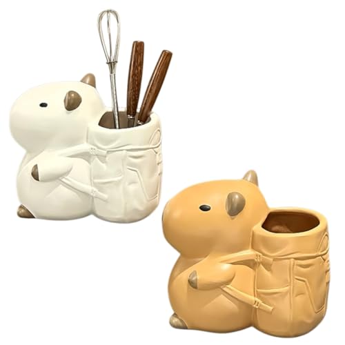 Support de maquillage capybara pot à crayons céramique blanc marron - 2