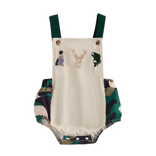 Kodaruber Newborn Baby Boy Farm Outfit Animal Embroidery Romper Sleeveless Square Neck Overall Infant Summer Clothes(Camouflage,3-6 Months)