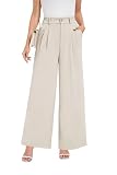 Oyamiki Damen Business Baggy Hose Bequeme Weites Bein Stoffhose Marlene Hosen mit Taschen Petite Damenhose Beige Sommer Beige L