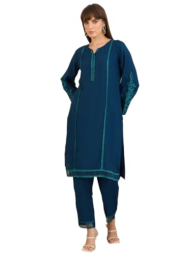 Image of INDO ERA Women's Red Embroidered Silk Blend Straight Co-Ord Set (IESTR6841)