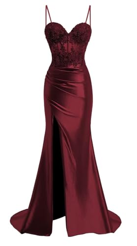 YIANN Satin Meerjungfrau Burgunderrote Abendkleider für Jugendliche mit Spitzen-Applikation Korsett Formales Partykleid UK10