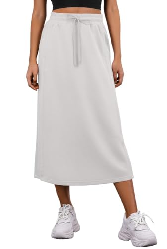 PrinStory Faldas midi mujer verano cintura elástica cordón ajustable con bolsillos, Blanco, L