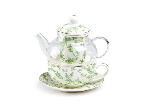 Greeny Garden Glass and Fine Porcelain Tea For One Set, Spring Tea Set For One