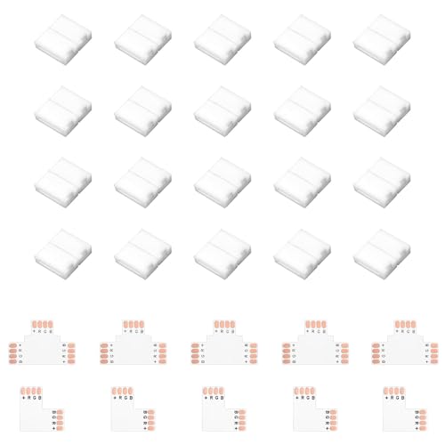 30 Pièces Connecteur LED 4 Broches,Connecteur Ruban Led,Pour Ruban Led Rgb Smd5050 10 mm,5 Connecteurs En Forme De L 5 Connecteurs En Forme T 20 pinces à ruban lumineux pour lumineuses LED