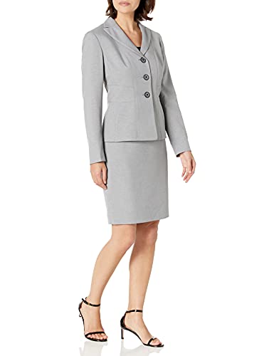 Le Suit Women's Petite 3 Button Peak Lapel Glazed Melange Skirt Suit, Grey Mist, 4P #TOP6