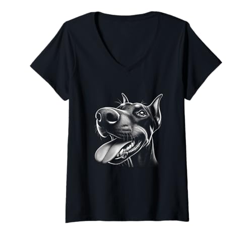 Mujer Cool Doberman Sacando la Lengua Fuera en Cara Juguetona Desafío Camiseta Cuello V