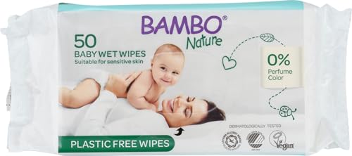 Bambo Nature Plastic-Free Wet Wipes (1x 50), Newborn Essentials, Eco-Labelled Baby Wipes, Gentle and Soft, Moisturising, Skin-Friendly, Plastic-Free, Baby Essentials