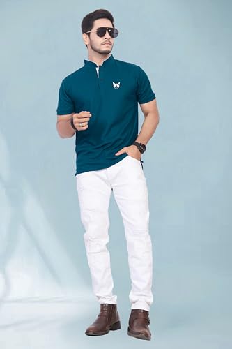Image of BAGHADBILLO Men's and Boy's Polyster T-Shirt with Mandarin Collared Neck Half Sleeves Closuer Button and Regular Fit | Polo t Shirt for Man