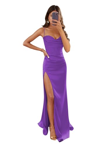 Image of Women's Mermaid Prom Dress with Slit Satin Bridesmaid Dresses Long Corset Evening Formal Party Gown