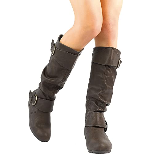 DREAM PAIRS Women's Wide Calf Knee High Boots, Fur-lined Low Hidden Wedge Boots,Size 9,Brown,URA-W